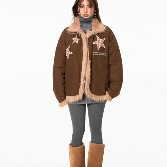 Brown star-patterned faux fur-trimmed jacket.