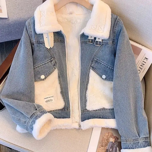 Denim jacket with white faux fur trim.