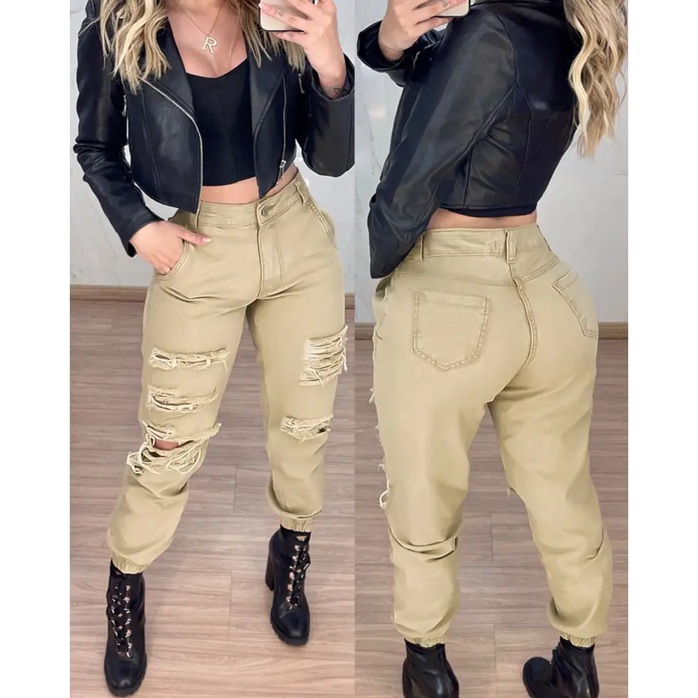 ChillTied High-Waist Ripped Ankle Pants - Khaki / S
