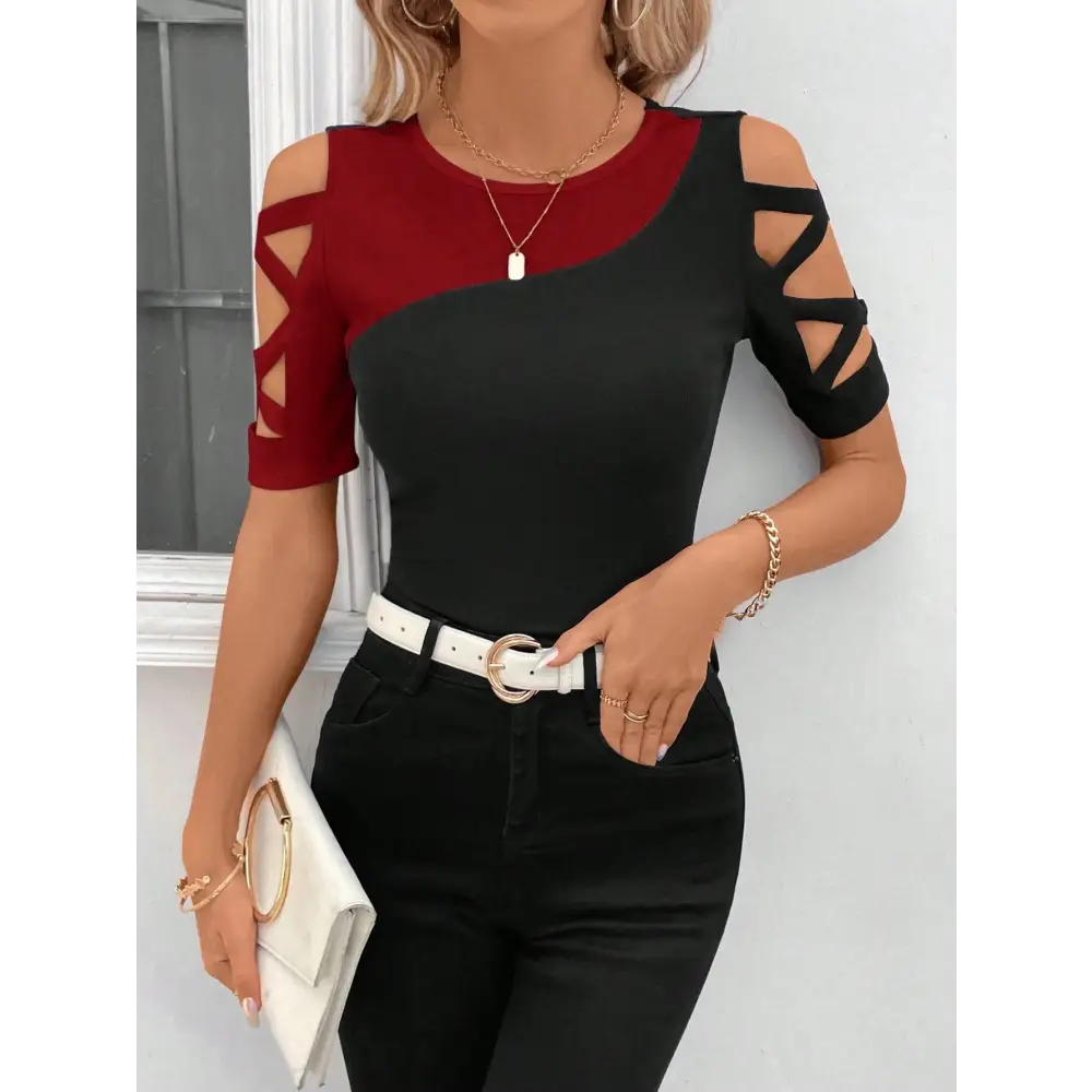 ChromaMatch Off-Shoulder Slim Top for Women - Red And Black Combo / S