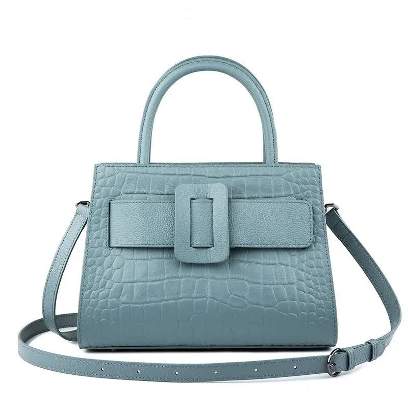 Cloud Blue Genuine Leather Double Shoulder Strap Bag with Internal Pockets