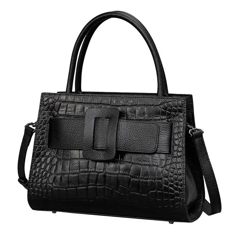 Cloud Blue Genuine Leather Double Shoulder Strap Bag with Internal Pockets - Black