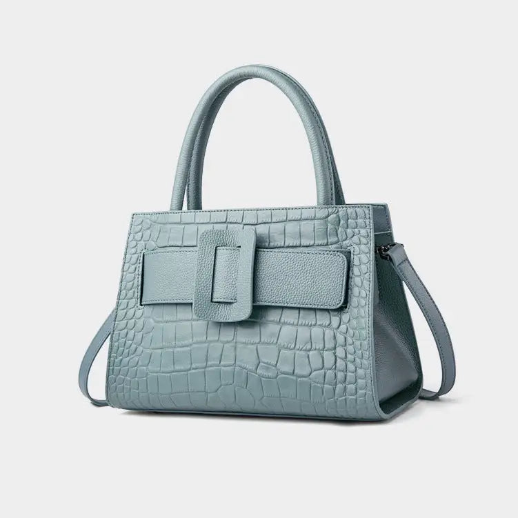 Cloud Blue Genuine Leather Double Shoulder Strap Bag with Internal Pockets