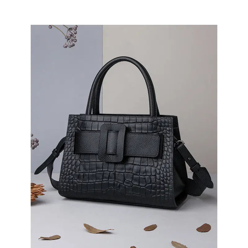 Cloud Blue Genuine Leather Double Shoulder Strap Bag with Internal Pockets