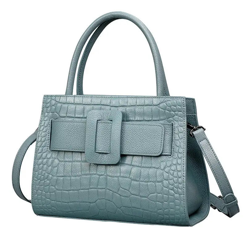 Cloud Blue Genuine Leather Double Shoulder Strap Bag with Internal Pockets - Cloudy Blue