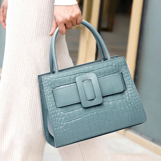 Cloud Blue Genuine Leather Double Shoulder Strap Bag with Internal Pockets