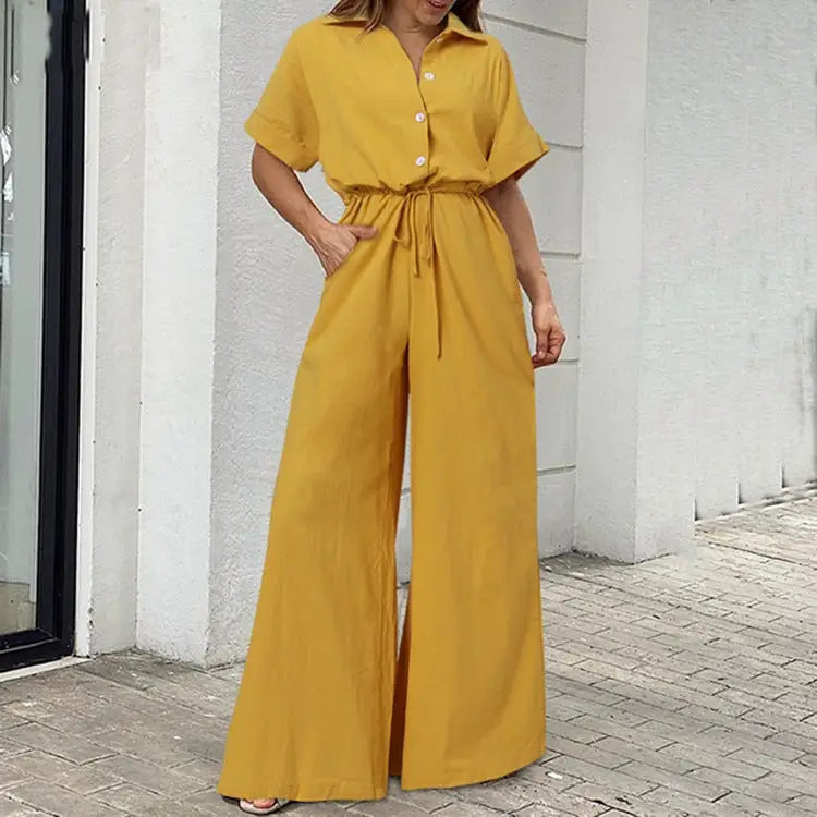 Collar Turnover Jumpsuit - Yellow / S