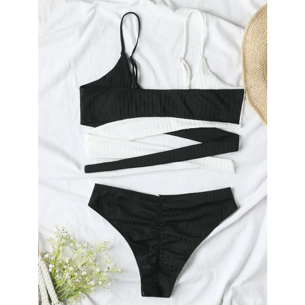 Color-blocked Thick Pit Strip Cross-tie Swimsuit