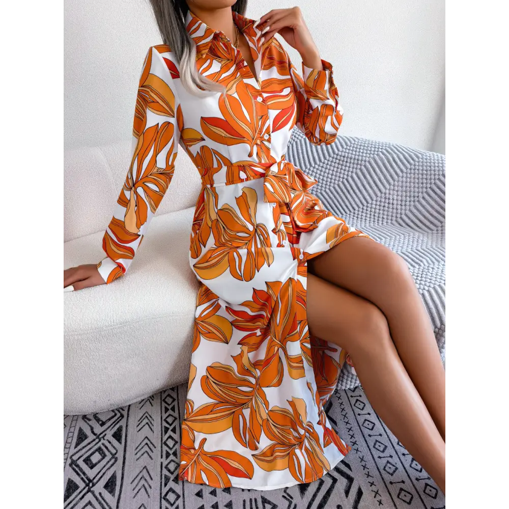Contrast Color Flower Lapel Tied Shirt Dress Long Skirt