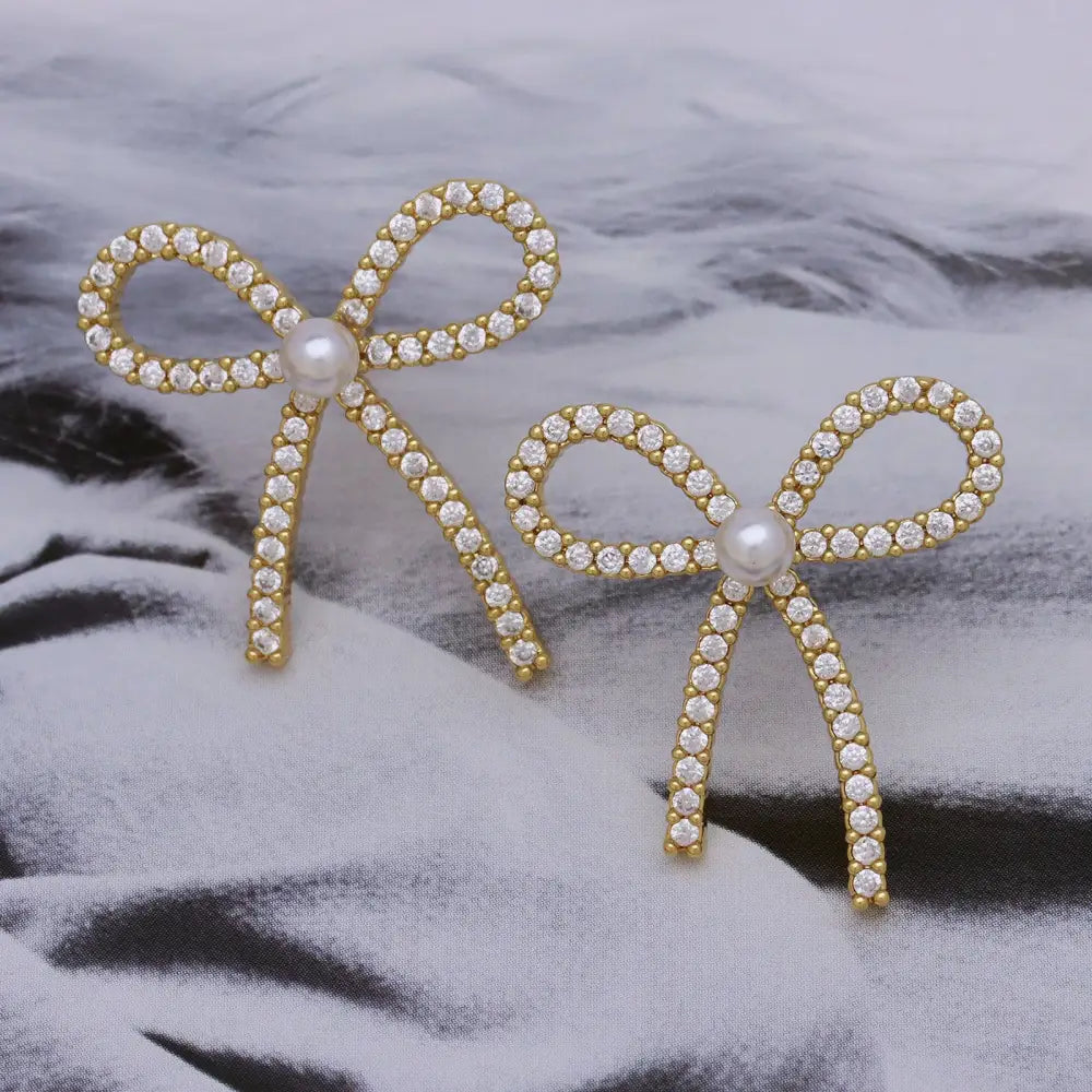 Copper Zircon Pearl Bow Earrings - DE240525
