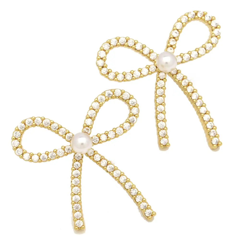 Copper Zircon Pearl Bow Earrings - DE240525