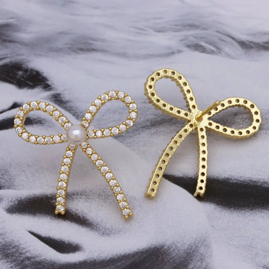 Copper Zircon Pearl Bow Earrings - DE240525