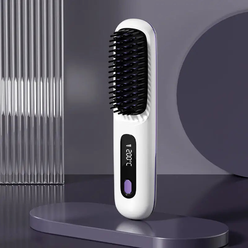 Cordless Hair Straightener Brush with 45 Minute Battery Life LCD White English
