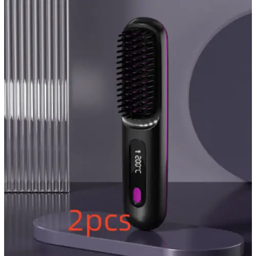 Cordless Hair Straightener Brush with 45 Minute Battery Life LCD Black English 2pcs