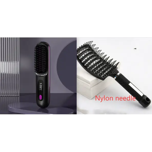 Cordless Hair Straightener Brush with 45 Minute Battery Life LCD Black English set1