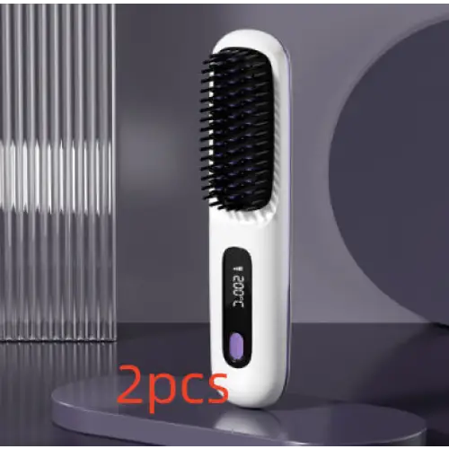 Cordless Hair Straightener Brush with 45 Minute Battery Life LCD White English 2pcs