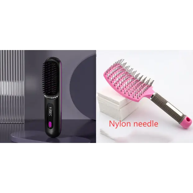 Cordless Hair Straightener Brush with 45 Minute Battery Life LCD Black English set2