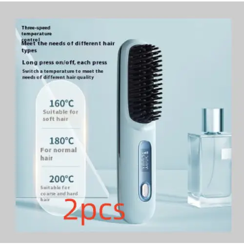 Cordless Hair Straightener Brush with 45 Minute Battery Life LCD Blue English 2pcs