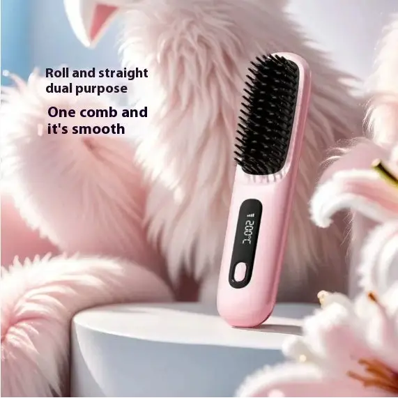 Cordless Hair Straightener Brush with 45 Minute Battery Life Peach powder