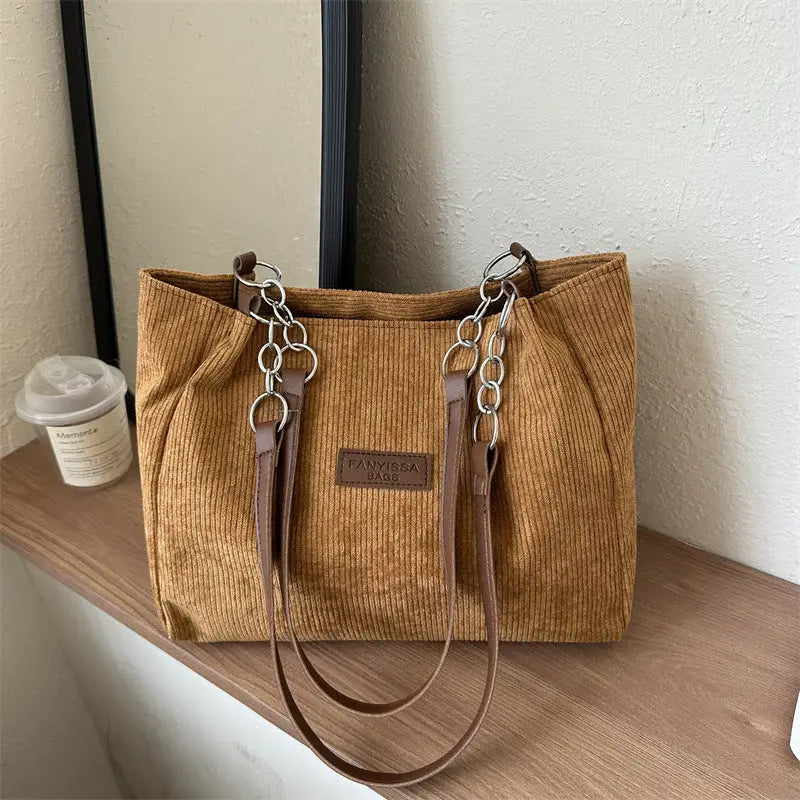 Corduroy Medium Handbag with Three-Dimensional Pocket