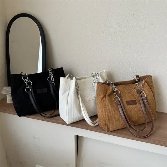 Corduroy Medium Handbag with Three-Dimensional Pocket