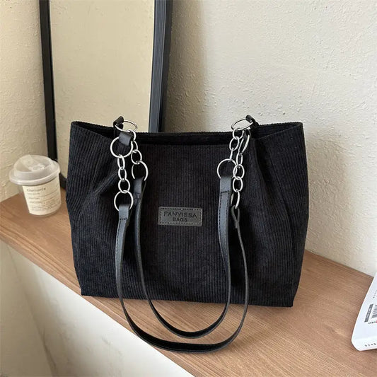 Corduroy Medium Handbag with Three-Dimensional Pocket