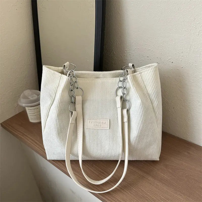 Corduroy Medium Handbag with Three-Dimensional Pocket