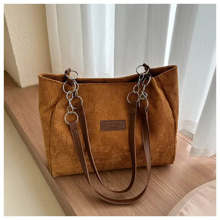 Corduroy Medium Handbag with Three-Dimensional Pocket - Brown