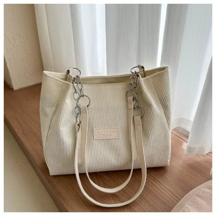 Corduroy Medium Handbag with Three-Dimensional Pocket - White