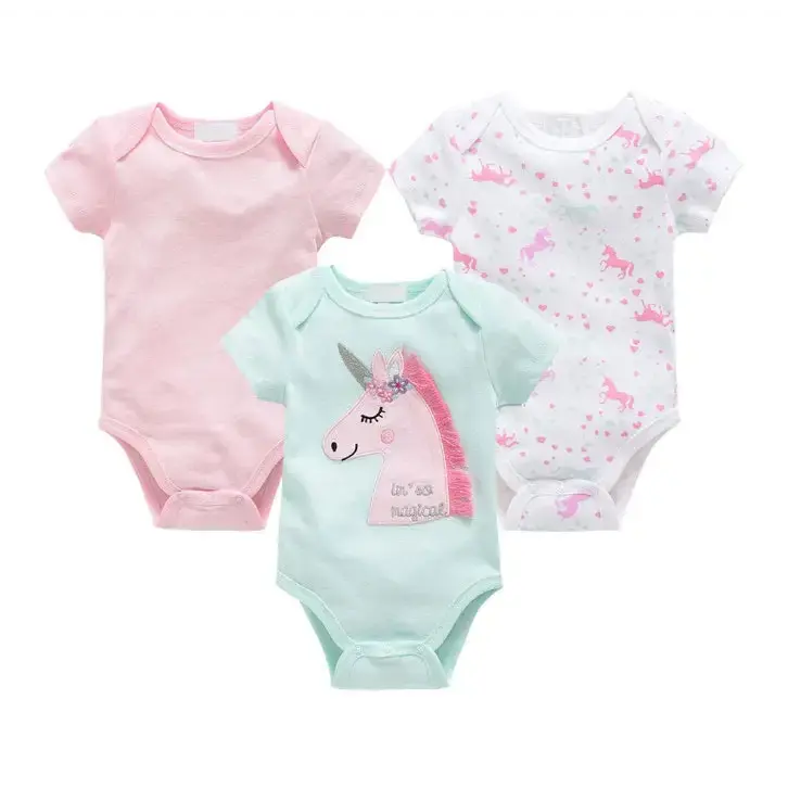 Cotton Cuddle: 3-Piece Baby Onesie Set - Unicorn / 9 12M