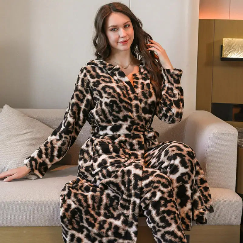 Leopard print plush robe and pants.
