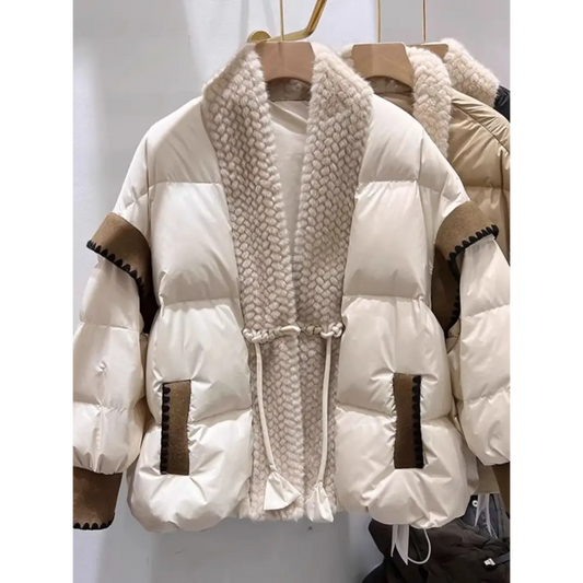 Cozy FrogVibe: Furry Padded V-Neck Down Coat