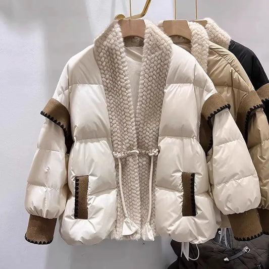 Cozy FrogVibe: Furry Padded V-Neck Down Coat