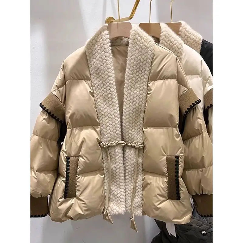 Cozy FrogVibe: Furry Padded V-Neck Down Coat - 9490 Khaki / M