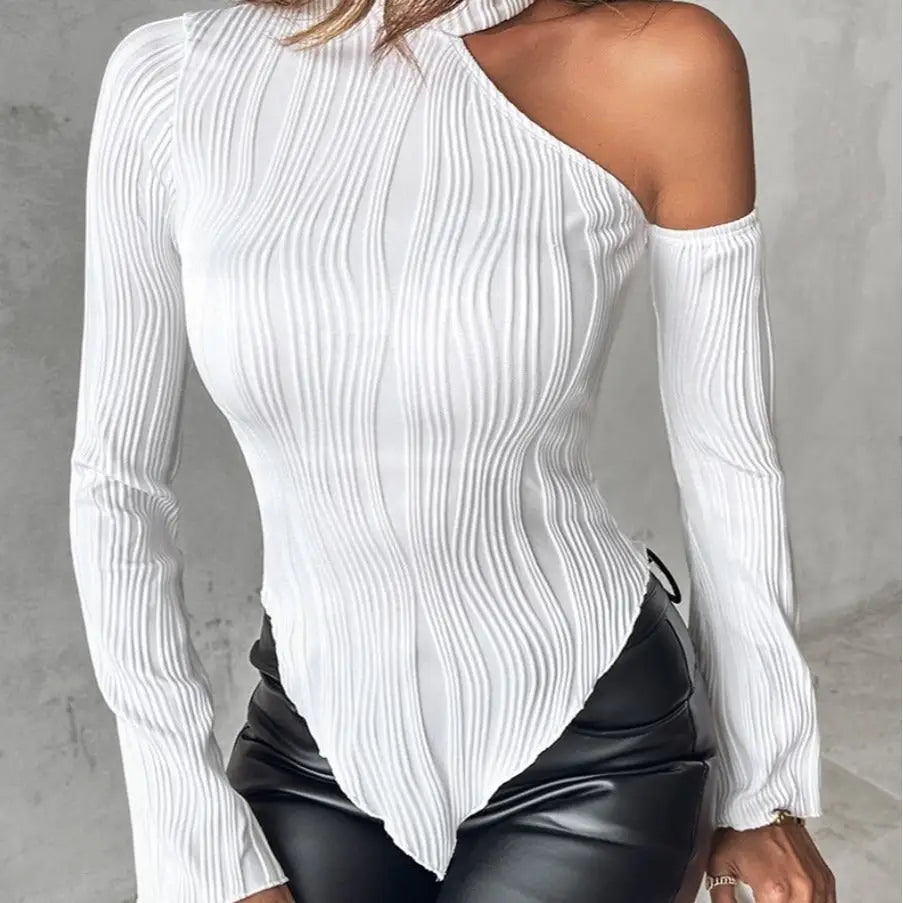 White textured asymmetrical long-sleeve top.