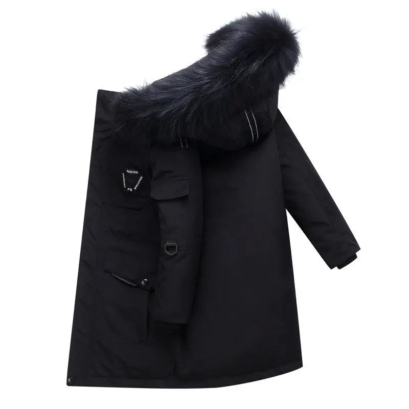 CozyBoys FurTrim Mid-Length Down Jacket - Black And Black Fur / 130cm