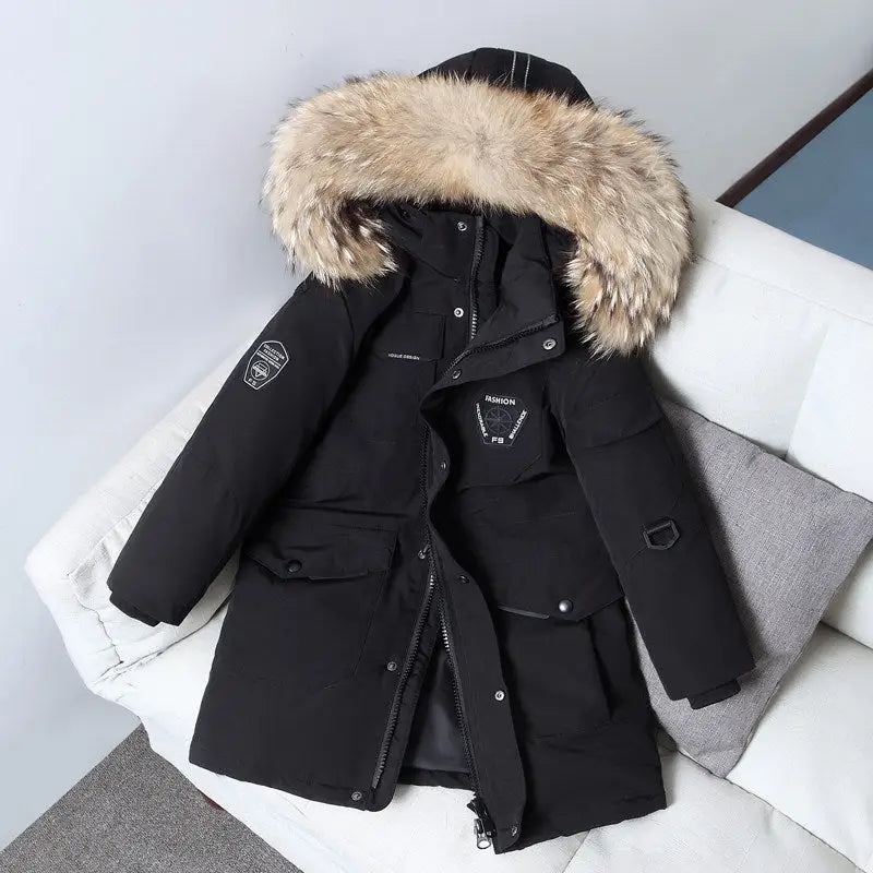 CozyBoys FurTrim Mid-Length Down Jacket - Black Primary Color Wool / 130cm