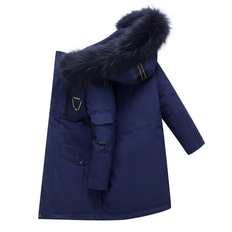 CozyBoys FurTrim Mid-Length Down Jacket - Dark Blue And Black Fur / 130cm
