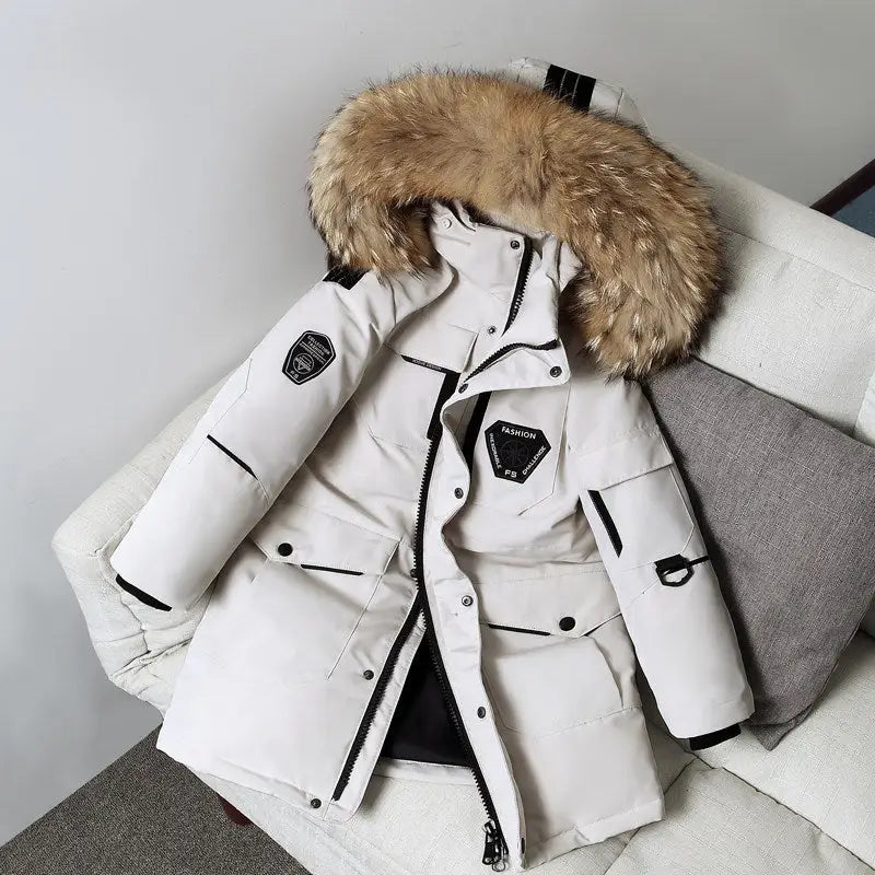 CozyBoys FurTrim Mid-Length Down Jacket - White Primary Color Wool / 130cm
