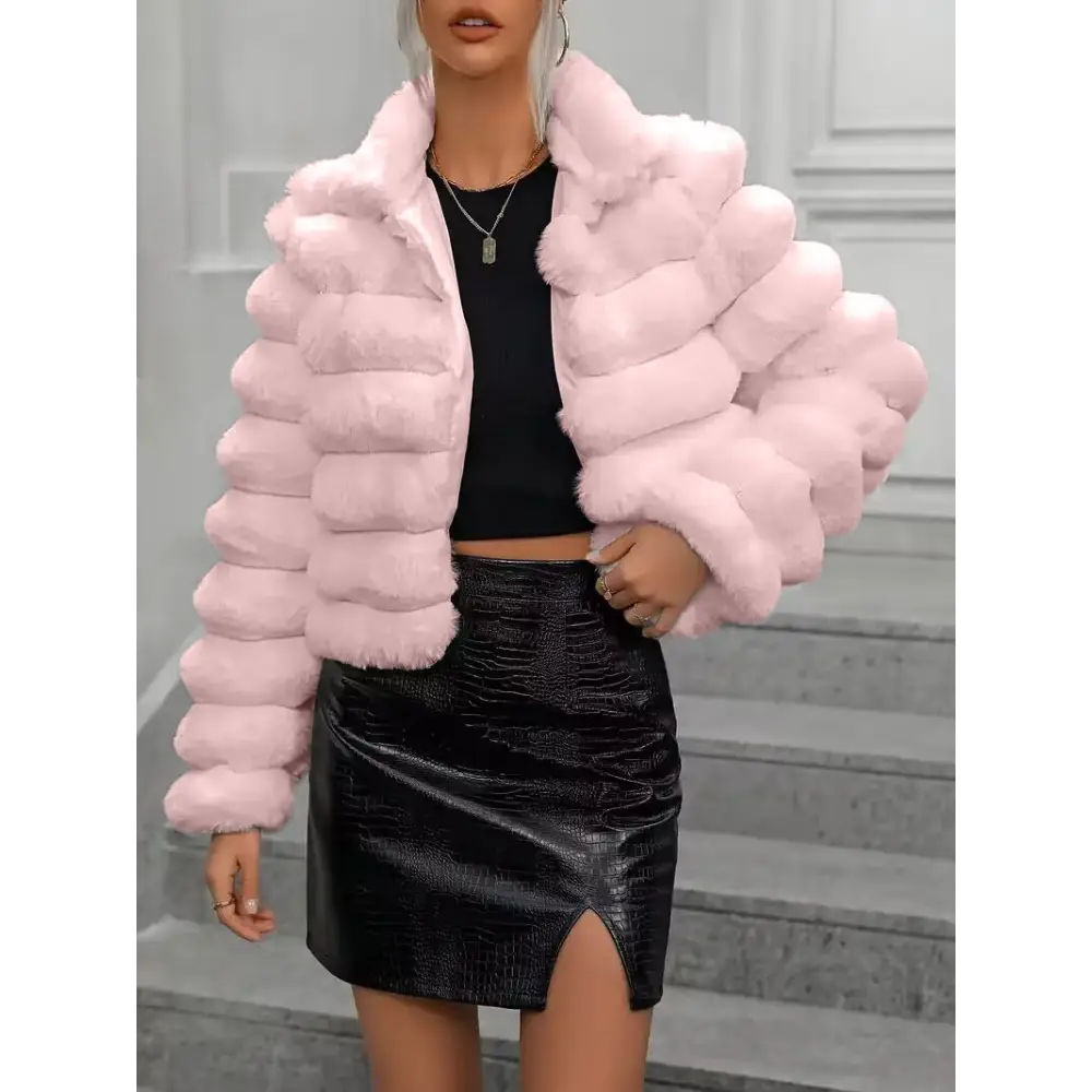Pink faux fur jacket.