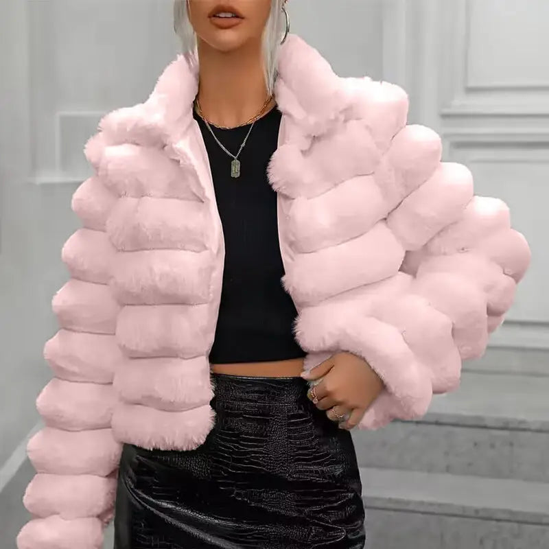 Pink faux fur jacket.
