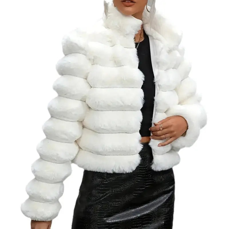 White faux fur jacket.