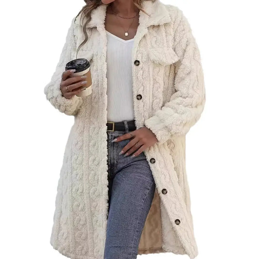 Cream-colored, textured, button-down coat.