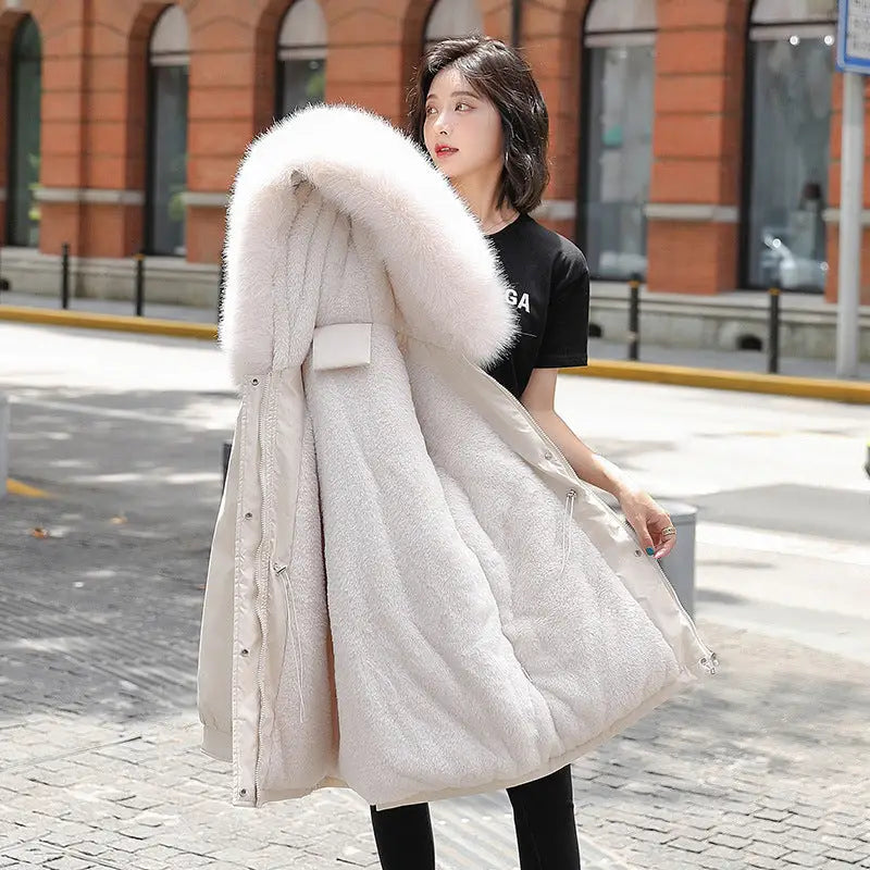 CozyCloud: Luxe Fur-Collar Fleece Parka - Beige / M