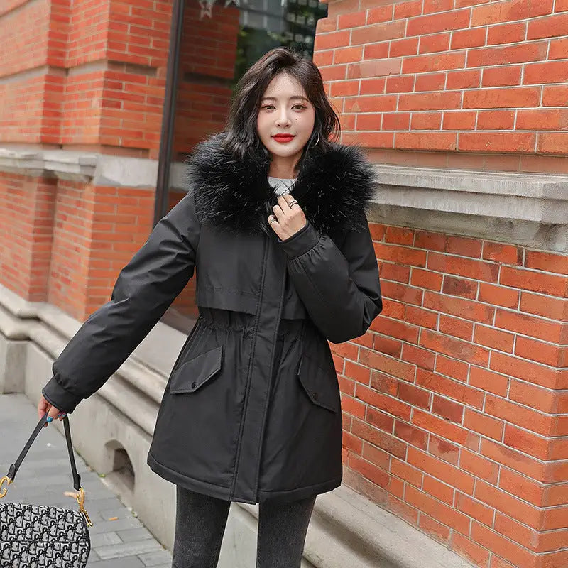 CozyCloud: Luxe Fur-Collar Fleece Parka - Black / M