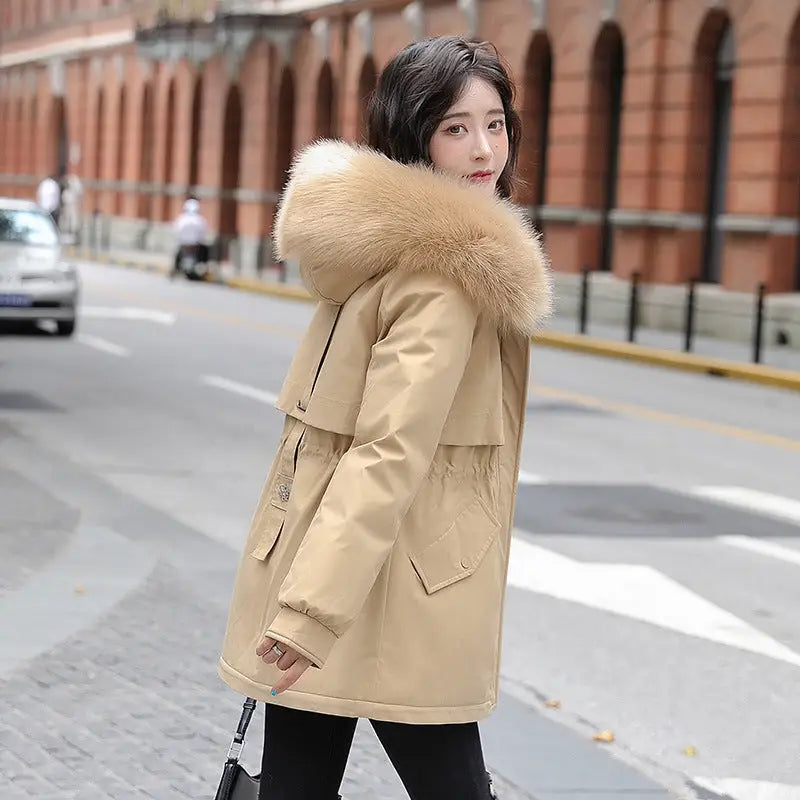 CozyCloud: Luxe Fur-Collar Fleece Parka - Khaki / M