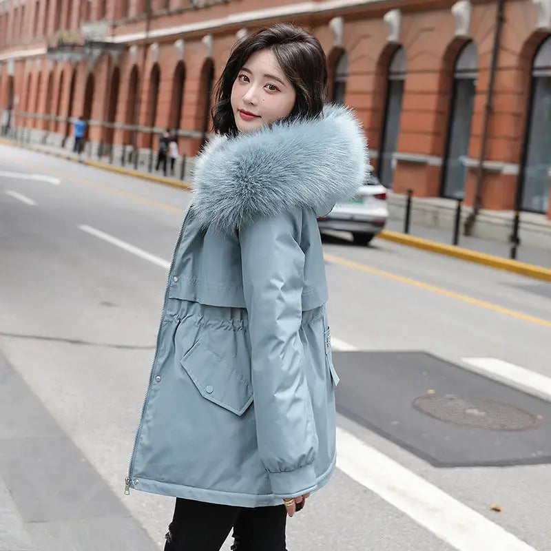 CozyCloud: Luxe Fur-Collar Fleece Parka - Light Blue / M