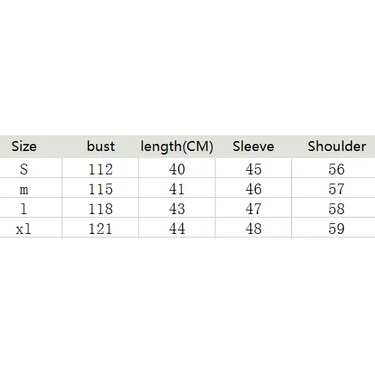 Clothing size chart.
