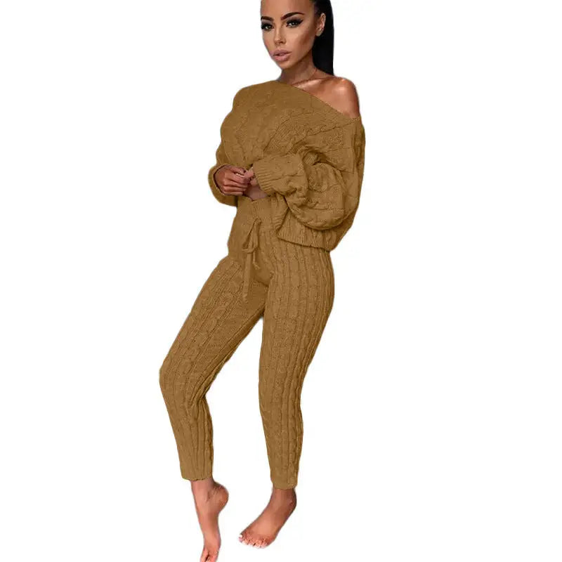 Brown knit sweater and pants set.