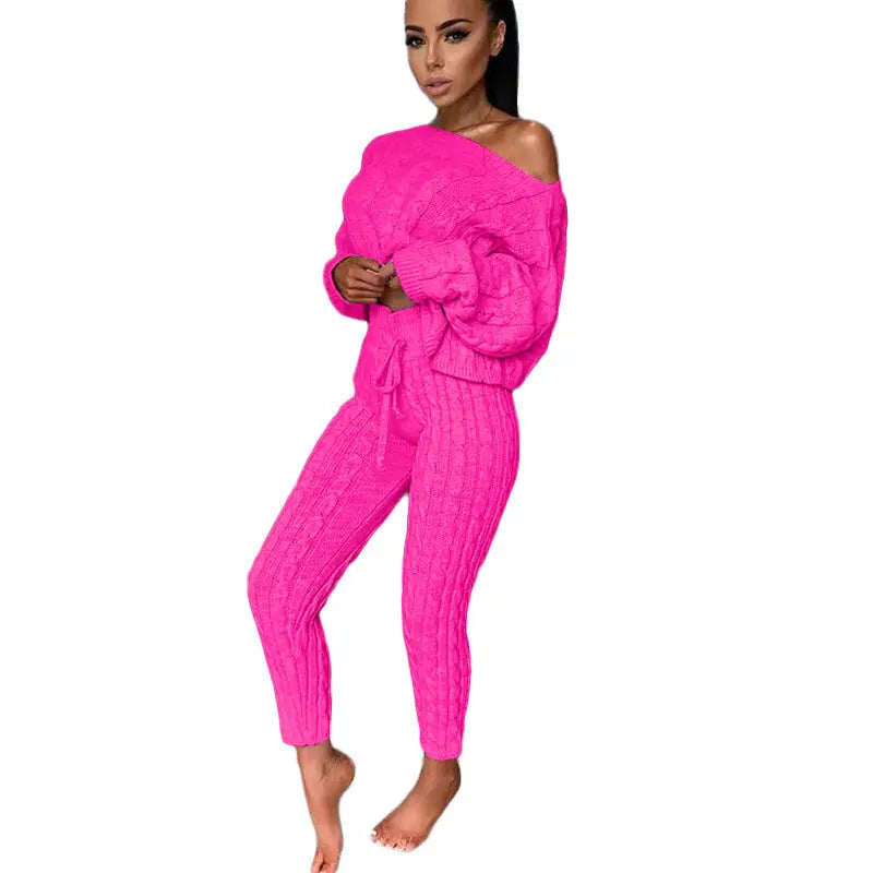 Hot pink knit pantsuit.